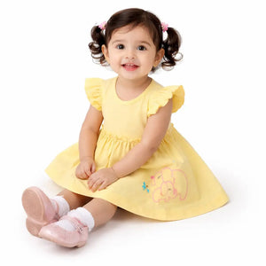 Sunshine Yellow Elephant Embroidered Cotton Dress – Soft Summer Wear for Baby Girls BloomUp