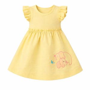 Sunshine Yellow Elephant Embroidered Cotton Dress – Soft Summer Wear for Baby Girls BloomUp
