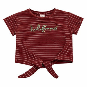 Maroon Striped California Tie-Up Top for Girls – Soft Cotton Summer Wear Kids T-Shirt BloomUp