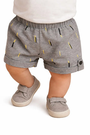 Kids Grey Printed Elastic Waist Shorts with Button Tab Hem BloomUp