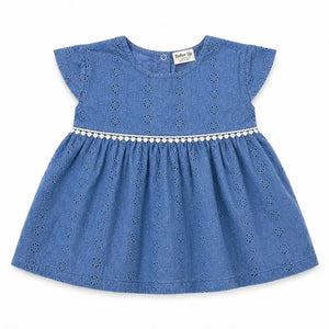 Teal Blue Eyelet Cotton Dress with Pom-Pom Waist Detail – Elegant Summer Wear for Baby Girls BloomUp