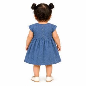 Teal Blue Eyelet Cotton Dress with Pom-Pom Waist Detail – Elegant Summer Wear for Baby Girls BloomUp