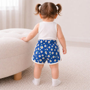 Girls Navy Blue Daisy Print Drawstring Shorts BloomUp