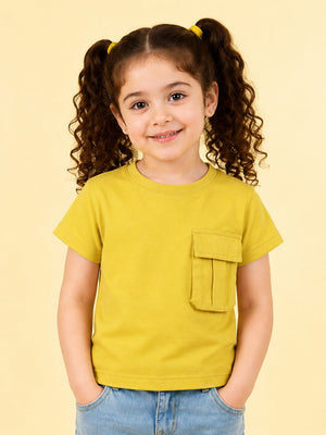 Girls Mustard Yellow Pocket Detail Cotton T-Shirt – Casual Half Sleeve Kids Tee BloomUp