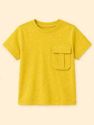 Girls Mustard Yellow Pocket Detail Cotton T-Shirt – Casual Half Sleeve Kids Tee BloomUp