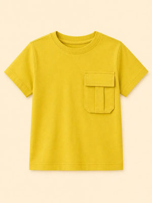 BloomUp Girls Mustard Yellow Pocket Detail Cotton T-Shirt – Casual Half Sleeve Kids Tee