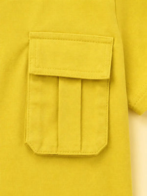 BloomUp Girls Mustard Yellow Pocket Detail Cotton T-Shirt – Casual Half Sleeve Kids Tee