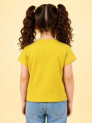BloomUp Girls Mustard Yellow Pocket Detail Cotton T-Shirt – Casual Half Sleeve Kids Tee
