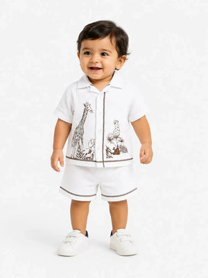 BloomUp Bloomup Baby Boys White Safari Print Co-Ord Set | Cotton Shirt & Shorts Outfit for 0–24 Months