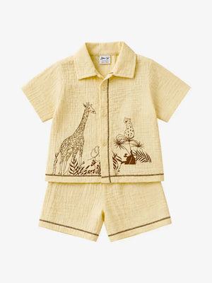 BloomUp Bloomup Baby Boys Safari Print Co-Ord Set | Beige Cotton Shirt & Shorts Set for 0–24 Months