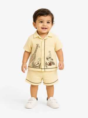 BloomUp Bloomup Baby Boys Safari Print Co-Ord Set | Beige Cotton Shirt & Shorts Set for 0–24 Months