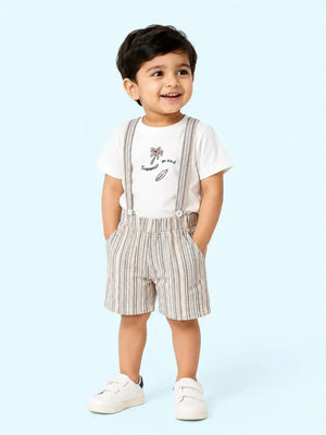 BloomUp Summer Mood Graphic T-Shirt & Suspender Shorts Set for Boys – Striped Casual Summer Outfit