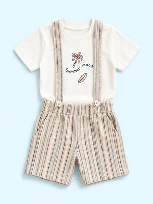 BloomUp Summer Mood Graphic T-Shirt & Suspender Shorts Set for Boys – Striped Casual Summer Outfit