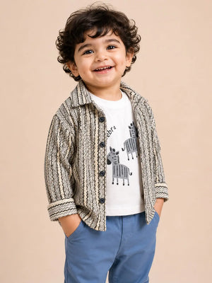 BloomUp Zebra Print 3-Piece Outfit Set for Baby Boys – Textured Shirt, Graphic T-Shirt & Blue Trousers