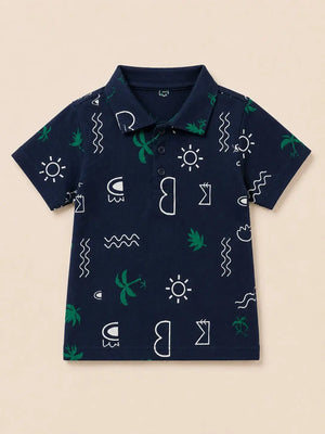 BloomUp Boys Navy Tropical Print Polo T-Shirt – Casual Half Sleeve Summer Tee for Toddlers