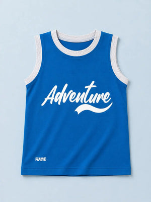 BloomUp Boys Adventure Graphic Sleeveless T-Shirt – Blue Cotton Casual Tank Top for Kids