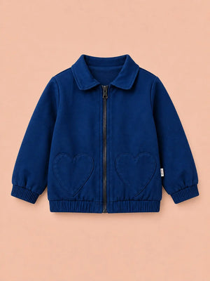 BloomUp Royal Blue Heart Pocket Zip-Up Jacket for Baby Girls – Soft Winter Bomber Jacket Kids Outerwear