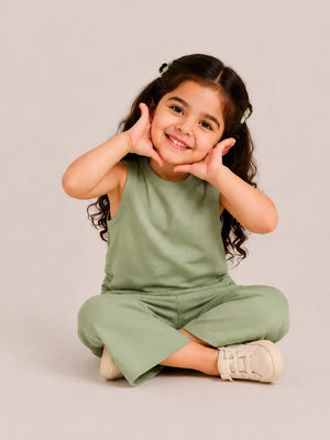 BloomUp Sage Green Sleeveless Kids Top & Wide-Leg Pants Set – Comfortable Summer Outfit for Toddlers