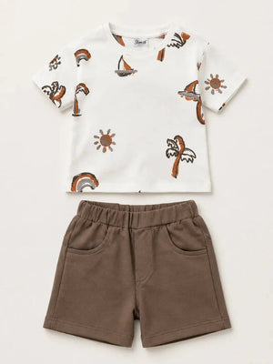 BloomUp Chocolate Brown Printed Kids T-Shirt & Shorts Set – Comfortable Summer Wear for Toddlers