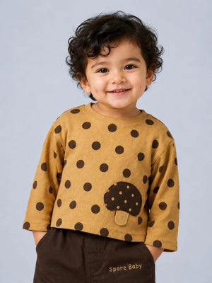 BloomUp Mustard Polka Dot Mushroom Applique Co-ord Set for Baby Boys – Soft Cotton Full Sleeve Top & Brown Pants