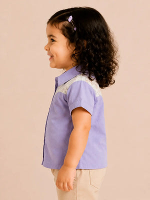 BloomUp Lavender Lace Panel Shirt for Girls – Soft Cotton Button-Down Casual Summer Top