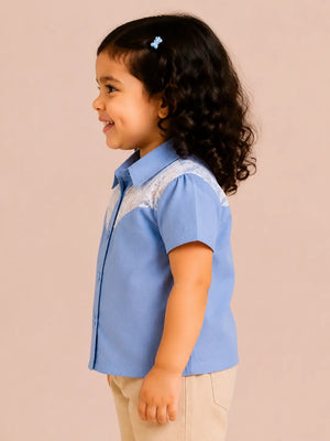 BloomUp Sky Blue Lace Panel Shirt for Girls – Soft Cotton Button-Down Casual Summer Top