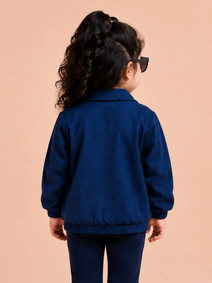 BloomUp Royal Blue Heart Pocket Zip-Up Jacket for Baby Girls – Soft Winter Bomber Jacket Kids Outerwear