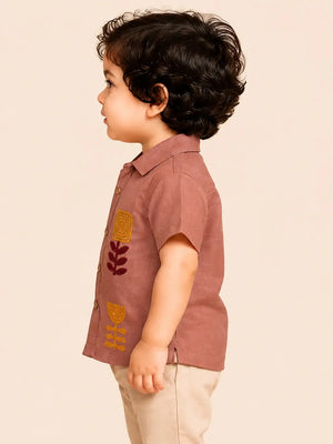 BloomUp Maroon Embroidered Short Sleeve Shirt for Toddlers – Premium Cotton Summer Wear for Boys