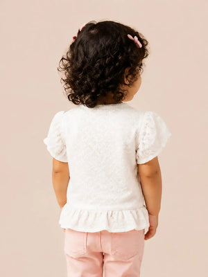 BloomUp White Lace Puff-Sleeve Top with Peplum Hem – Stylish Summer Wear for Toddlers