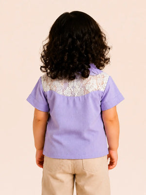 BloomUp Lavender Lace Panel Shirt for Girls – Soft Cotton Button-Down Casual Summer Top