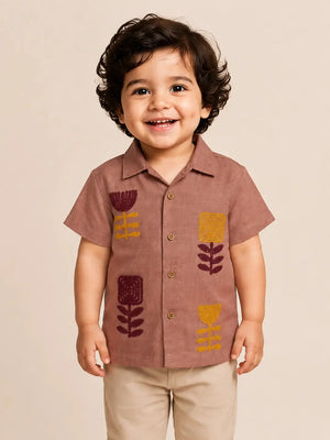 BloomUp Maroon Embroidered Short Sleeve Shirt for Toddlers – Premium Cotton Summer Wear for Boys