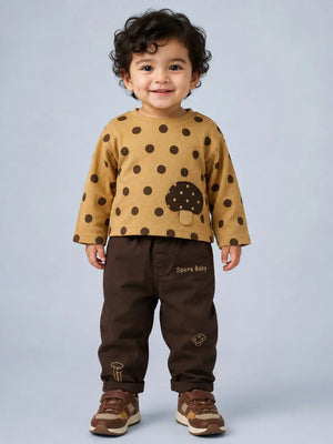 BloomUp Mustard Polka Dot Mushroom Applique Co-ord Set for Baby Boys – Soft Cotton Full Sleeve Top & Brown Pants