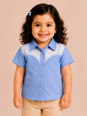 BloomUp Sky Blue Lace Panel Shirt for Girls – Soft Cotton Button-Down Casual Summer Top
