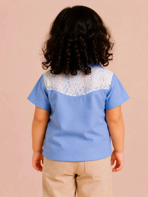 BloomUp Sky Blue Lace Panel Shirt for Girls – Soft Cotton Button-Down Casual Summer Top