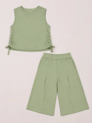 BloomUp Sage Green Sleeveless Kids Top & Wide-Leg Pants Set – Comfortable Summer Outfit for Toddlers