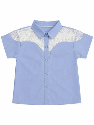 BloomUp Sky Blue Lace Panel Shirt for Girls – Soft Cotton Button-Down Casual Summer Top
