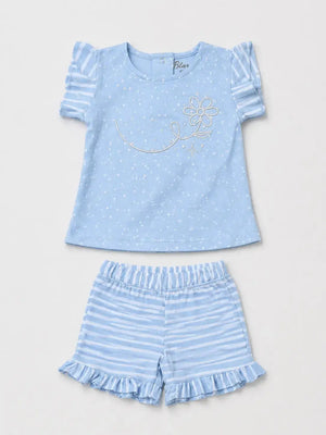 BloomUp Light Blue Frill Sleeve Top & Striped Shorts Set – Comfortable Cotton Summer Outfit for Toddler Girls