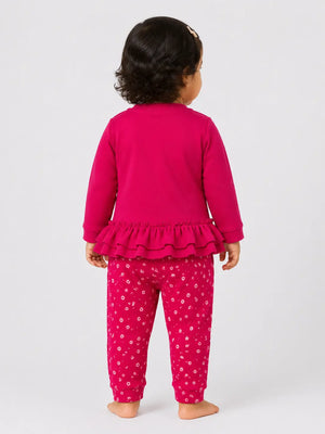 BloomUp Fuchsia Pink Ruffle Sweatshirt & Floral Legging Set for Girls – Soft Cotton Kids Co-ord Outfit
