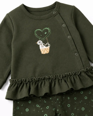 BloomUp Olive Green Ruffle Sweatshirt & Floral Legging Set for Girls – Soft Cotton Kids Co-ord Outfit