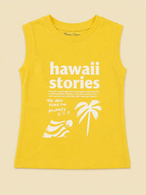 BloomUp Yellow Graphic Sleeveless Kids T-Shirt – “Hawaii Stories” Summer Tee for Toddlers