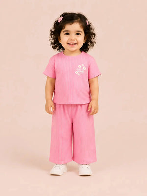 BloomUp Pink Striped Kids T-Shirt & Wide-Leg Pants Set – Comfortable Summer Outfit for Toddlers