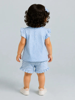 BloomUp Light Blue Frill Sleeve Top & Striped Shorts Set – Comfortable Cotton Summer Outfit for Toddler Girls
