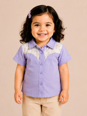 BloomUp Lavender Lace Panel Shirt for Girls – Soft Cotton Button-Down Casual Summer Top