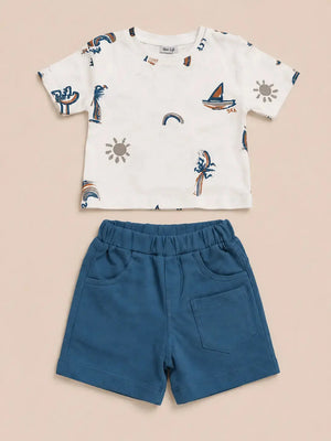 BloomUp Blue & White Printed Kids T-Shirt & Shorts Set – Comfortable Summer Wear for Toddlers
