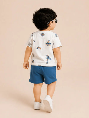 BloomUp Blue & White Printed Kids T-Shirt & Shorts Set – Comfortable Summer Wear for Toddlers