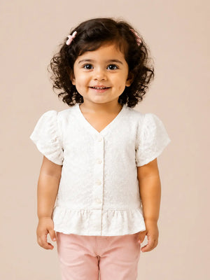BloomUp White Lace Puff-Sleeve Top with Peplum Hem – Stylish Summer Wear for Toddlers