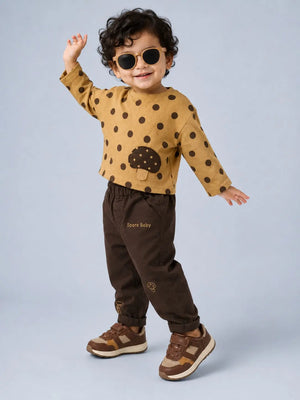 BloomUp Mustard Polka Dot Mushroom Applique Co-ord Set for Baby Boys – Soft Cotton Full Sleeve Top & Brown Pants