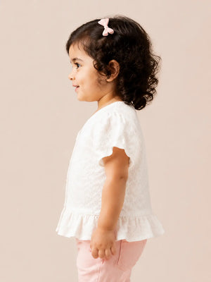 BloomUp White Lace Puff-Sleeve Top with Peplum Hem – Stylish Summer Wear for Toddlers