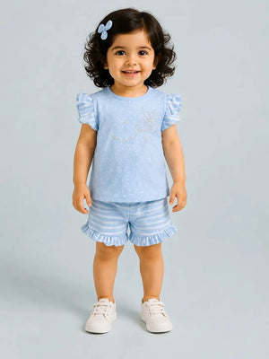 BloomUp Light Blue Frill Sleeve Top & Striped Shorts Set – Comfortable Cotton Summer Outfit for Toddler Girls