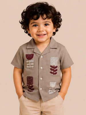 BloomUp Beige Embroidered Short Sleeve Shirt for Toddlers – Premium Cotton Summer Wear for Boys